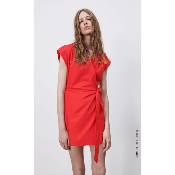 Zara Red Poplin Jumpsuit Wrap Style - Picture 3 of 6